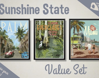 Florida Poster Value Set, Miami Poster, Palm Beach Poster, Everglades National Park Poster, Florida Vintage Style Reisekunst