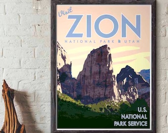 Zion National Park Vintage Style Travel Poster, Zion National Park Utah Print