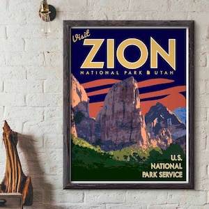 Zion Nationalpark Vintage Stil Reiseposter, Zion National Park Utah Druck