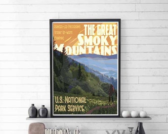Grote Smoky Mountains National Park Poster, Vintage Smokey Mountains Travel Print, Vintage Stijl Travel Poster, National Park Poster