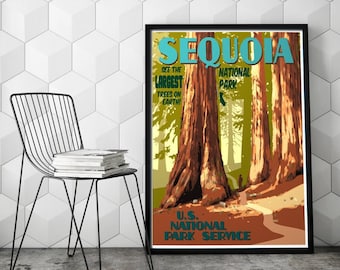 Póster de viaje estilo vintage del Parque Nacional Sequoia, Impresión de California del Parque Nacional Sequoia, Impresión de secuoyas