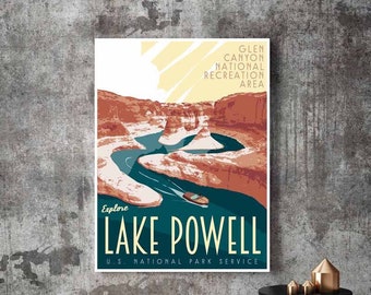 Lake Powell Utah Horseshoe Bend Vintage Style Travel Poster, Lake Powell Utah Travel Print