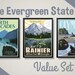 The Evergreen State Value Set, North Cascades Print, Mount Rainier Print, and Olympic National Park Print, Vintage Travel Poster