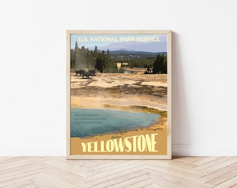 Yellowstone National Park Vintage Style Travel Poster, Yellowstone Wyoming National Park Hot Springs Print