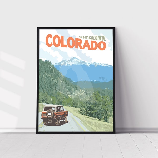 Colorado Pikes Peak Vintage Style Travel Poster, Colorado Mountain Print