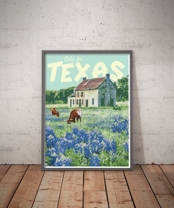 Texas Bluebonnet Travel Poster, Vintage Style Art Print
