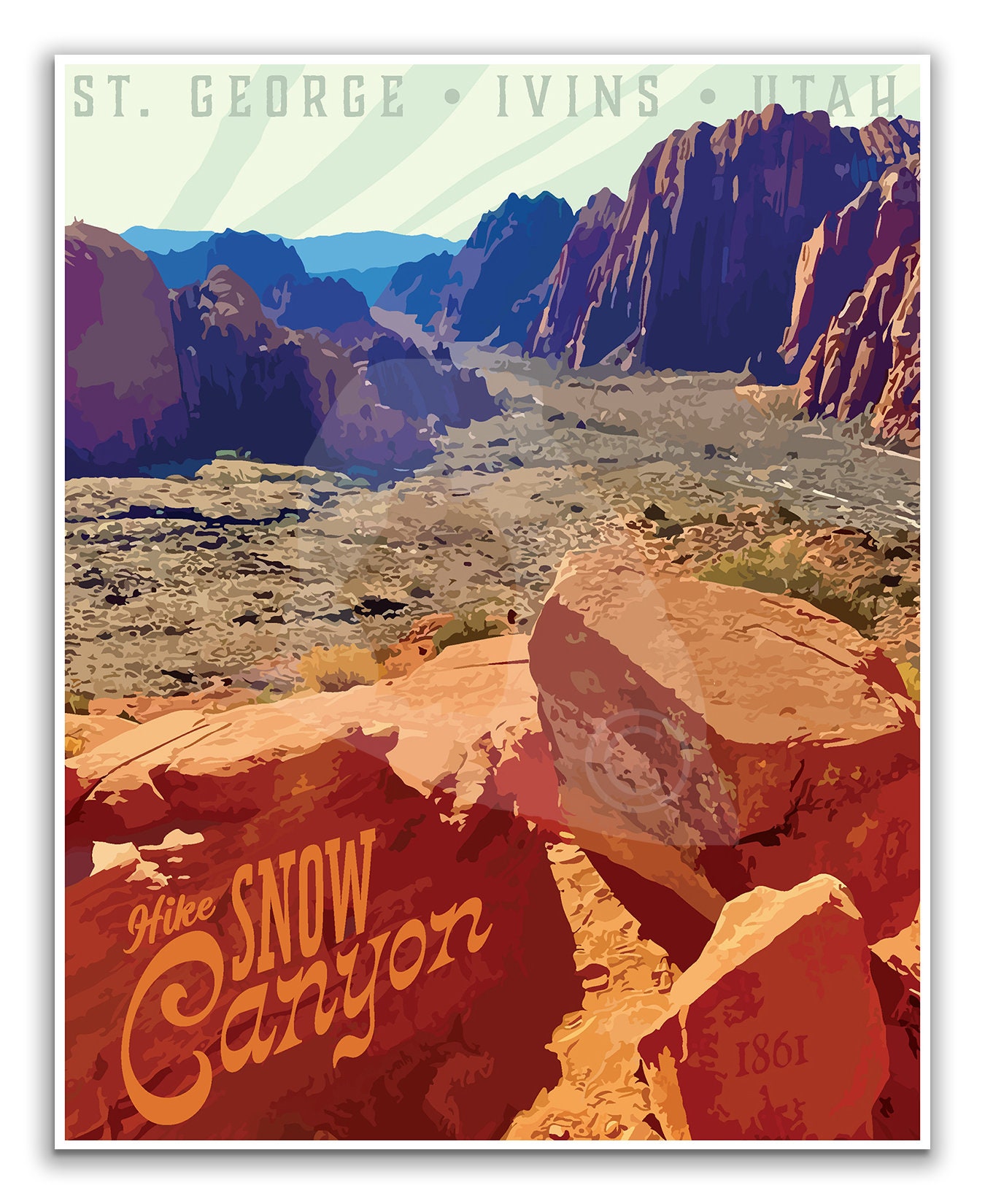 Saint George Red Background Snow Canyon Utah Print, St George Red Rocks Vintage Style Travel Poster ...