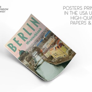 May include: A vintage-style travel poster featuring an aerial view of Berlin, Germany. The poster has a pink and orange sunset sky with the text "BERLIN" in green letters and "Deutschland" in smaller green letters. The poster also includes the text "POSTERS PRINTED IN THE USA USING HIGH-QUALITY PAPERS & INKS."