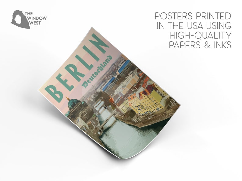 May include: A vintage-style travel poster featuring an aerial view of Berlin, Germany. The poster has a pink and orange sunset sky with the text "BERLIN" in green letters and "Deutschland" in smaller green letters. The poster also includes the text "POSTERS PRINTED IN THE USA USING HIGH-QUALITY PAPERS & INKS."