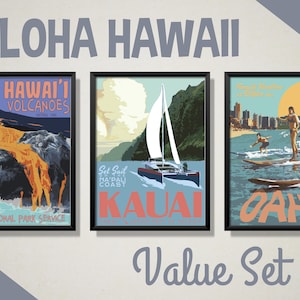 Hawaii Vintage Style Travel Poster Set, Hawaii Volcanoes National Park Poster, Kauai Poster, Oahu Poster