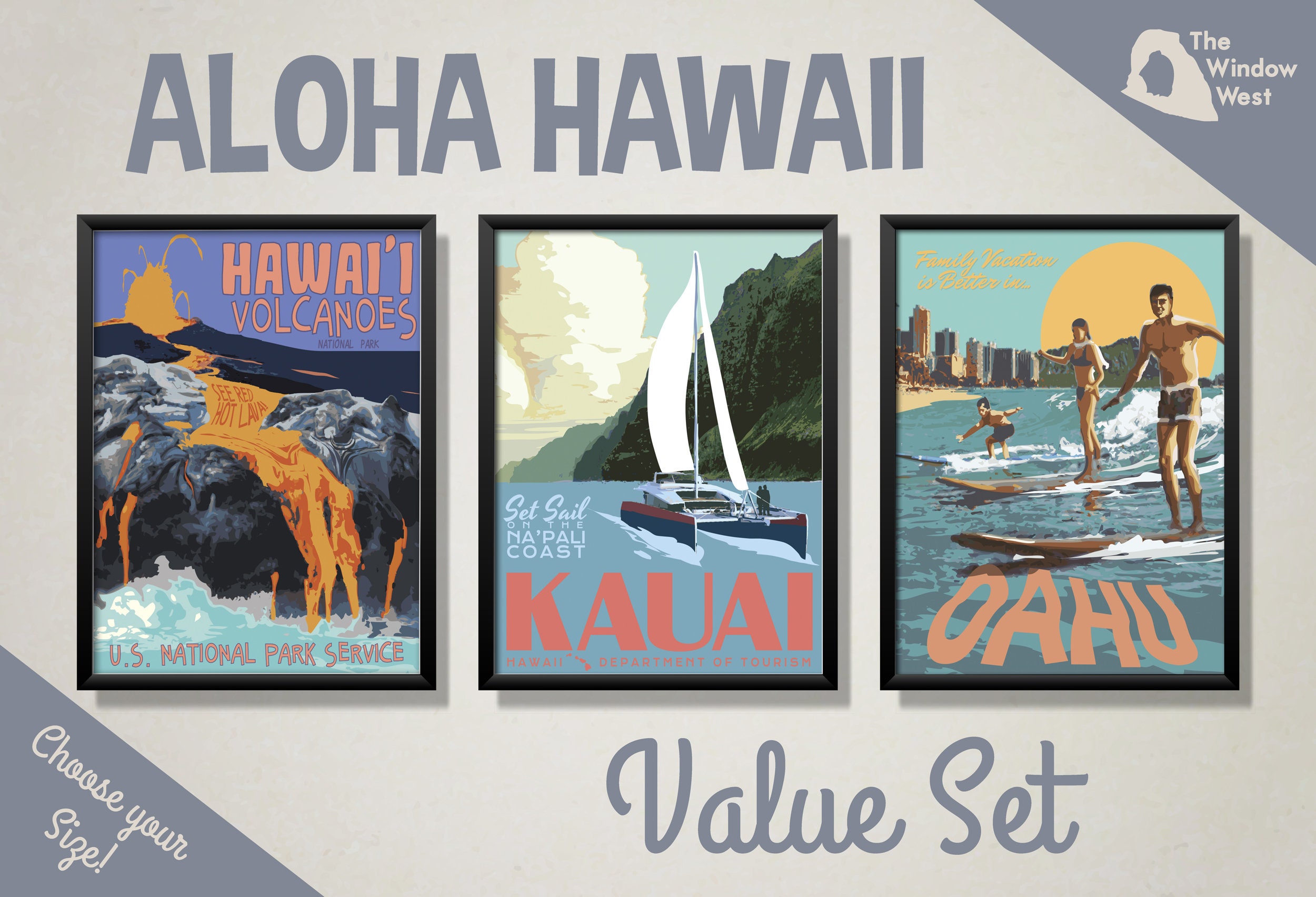 Hawaii Vintage Style Travel Poster Set, Hawaii Volcanoes National Park Poster, Kauai Poster, Oahu Poster