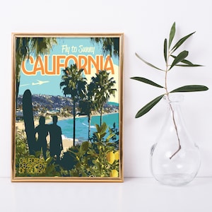 California Beach Vintage Style Travel Poster, Visit California Print