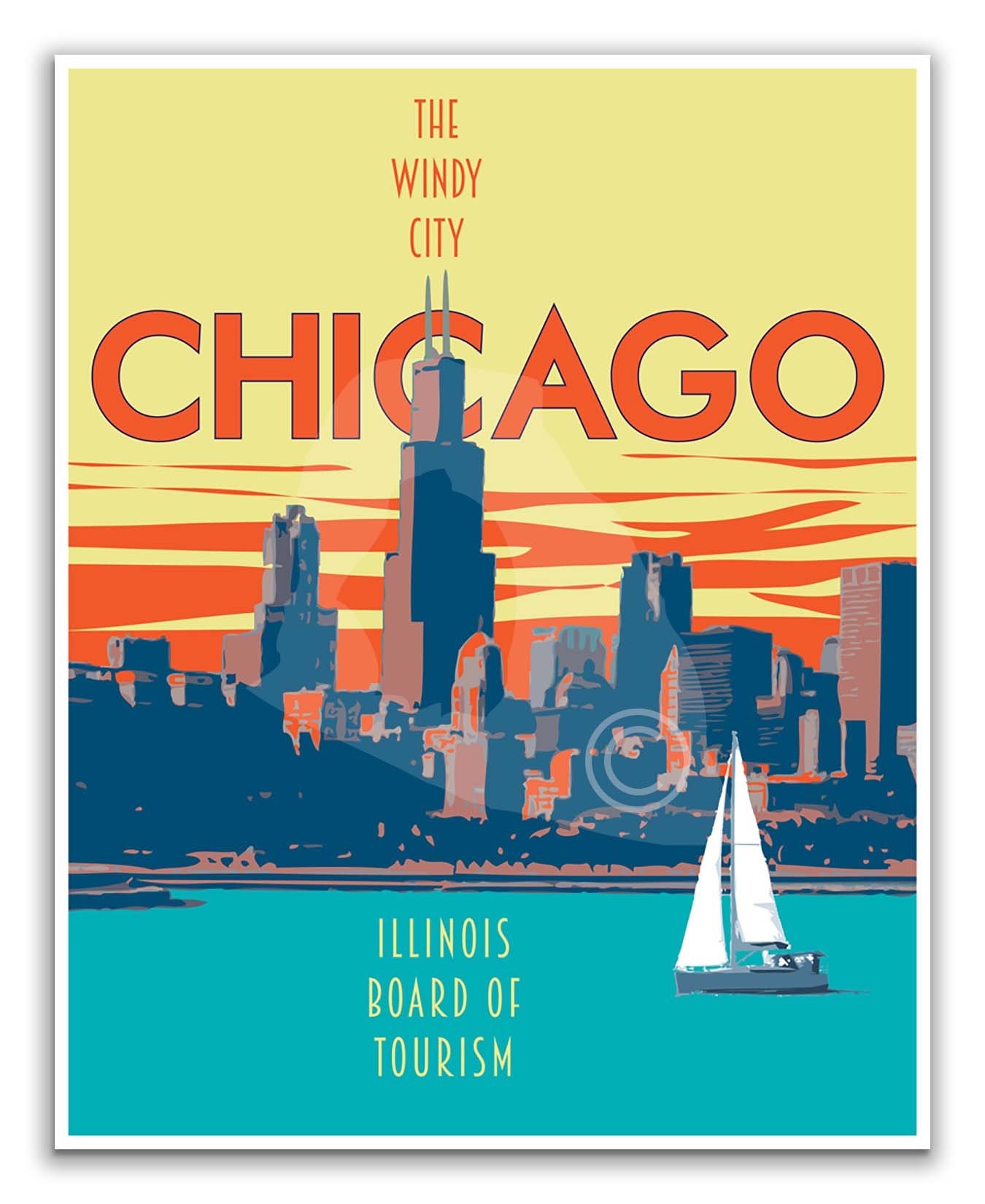 Vintage Chicago Illinois Sunset Retro Travel Art Deco Poster Print