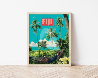 May include: A vintage travel poster with a turquoise background featuring palm trees and a person relaxing in a hammock. The text on the poster reads "Paradise awaits in FIJI".