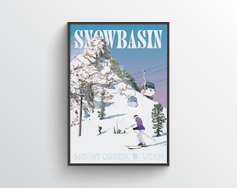 Snowbasin Mount Ogden Utah Skiing Vintage-Style Travel Poster