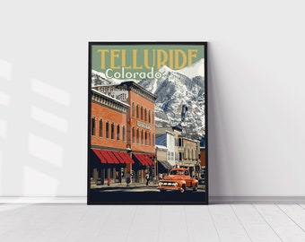 Telluride Colorado Downtown Skiing Vintage-Style Travel Poster