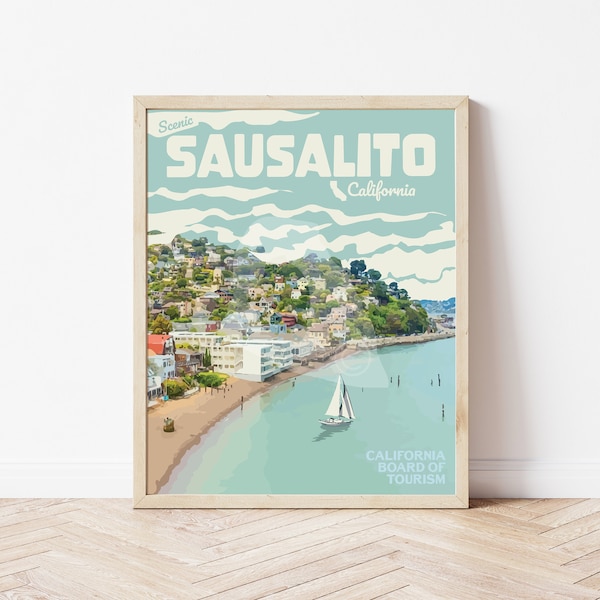 Sausalito California Vintage Style Travel Poster, Sausalito California Beach Print