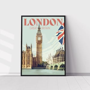 Londres Angleterre Big Ben Vintage Style Affiche de voyage, Londres Grande-Bretagne Print
