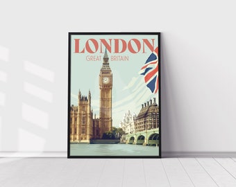 London England Big Ben Vintage Style Travel Poster, London Great Britain Print