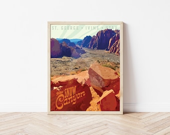 Snow Canyon Utah Print, St George Red Rocks Vintage Style Travel Poster