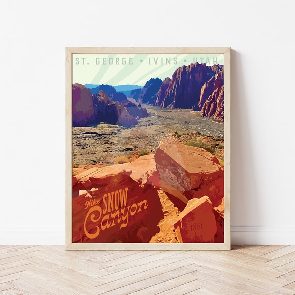 Snow Canyon Utah Print, St George Red Rocks Vintage Style Travel Poster