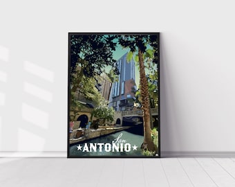 San Antonio Texas Poster, San Antonio Riverwalk Print, San Antonio Texas Vintage Style Art