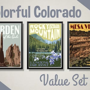 Colorado Vintage Style Travel Posters, Garden of the Gods Print, Rocky Mountain National Park Print, Mesa Verde National Park Print
