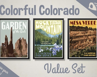 Colorado Vintage Style Travel Posters, Garden of the Gods Print, Rocky Mountain National Park Print, Mesa Verde National Park Print