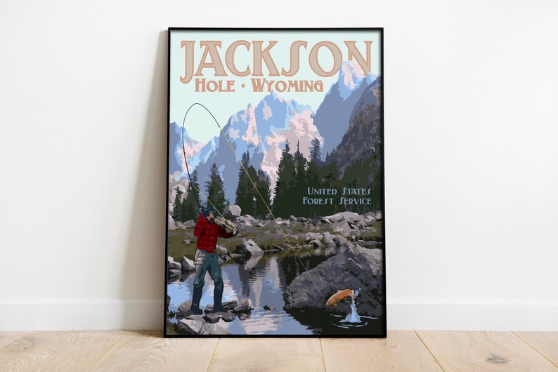 Jackson Hole Print, Jackson Wyoming Vintage Style Travel Poster image 1