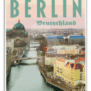 May include: A vintage travel poster featuring a view of Berlin, Germany. The poster has a pink background with the word "BERLIN" in teal text at the top. The text "Deutschland" is in black text below the word "BERLIN". The poster features a view of the city from above, including the Berlin Cathedral, a river, and buildings.
