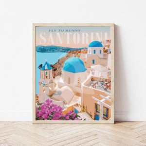 Santorini Grekland Vintage Style Travel Print, Santorini Poster bild 1