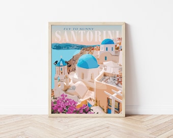 Santorini Greece Vintage Style Travel Print, Santorini Poster