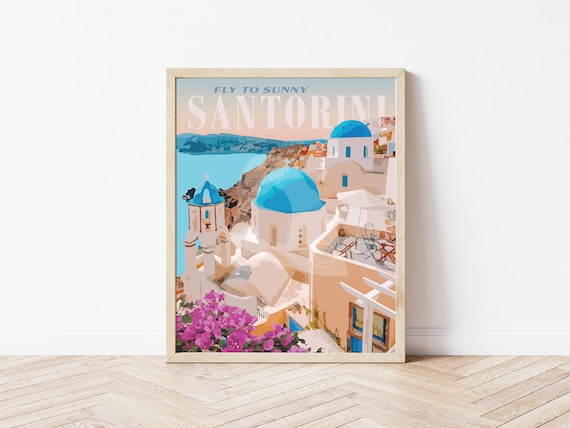 Santorini Greece Vintage Style Travel Print, Santorini Poster