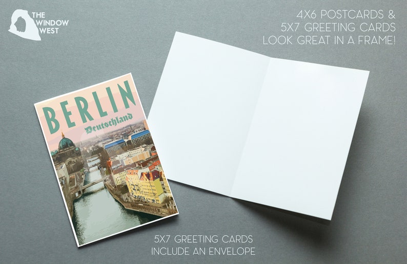 May include: A greeting card featuring a vintage-style illustration of the Berlin skyline with the text "BERLIN Deutschland". The card is folded in half and has a blank inside for writing a message. 5x7 greeting cards include an envelope.