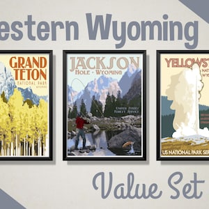 Wyoming Vintage Style Reiseposter Set, Grand Teton National Park, Jackson Hole Wyoming, Yellowstone National Park Poster