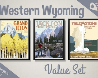 Wyoming Vintage Style Travel Poster Set, Grand Teton National Park, Jackson Hole Wyoming, Yellowstone National Park Poster