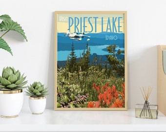 Priest Lake Idaho Vintage Style Travel Poster, Priest Lake Idaho Print