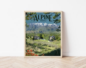 Alpine Utah Vintage Style Travel Poster, Utah Lone Peak Mountains Print