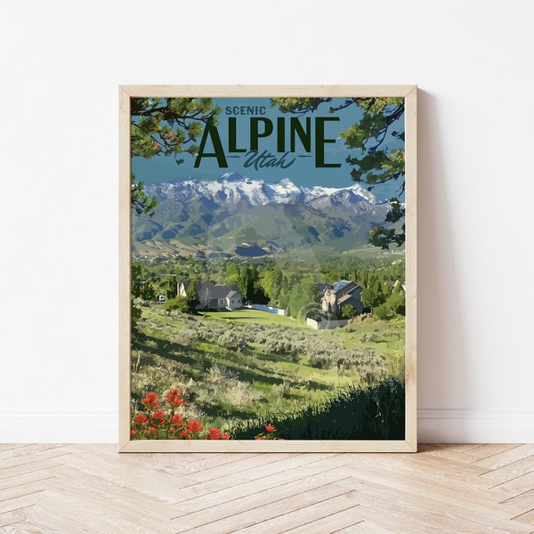 Alpine Utah Vintage Style Travel Poster, Utah Lone Peak Mountains Print