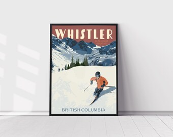 Whistler Blackcomb Mountain British Columbia Skiing Vintage Style Travel Poster, Whistler Travel Print