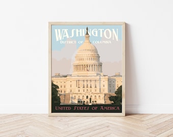 Washington DC Skyline Vintage Style Travel Poster, Washington DC Capitol Travel Print