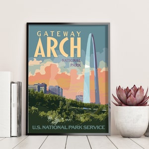 Poster del parco nazionale in stile vintage di Gateway Arch, stampa del parco nazionale del Missouri di Saint Louis