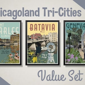 Chicagoland Tri-Cities Vintage Style Travel Prints, Saint Charles Illinois Poster, Batavia Illinois Poster, Geneva Illinois Poster