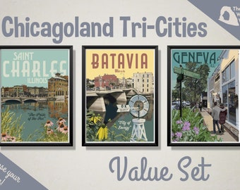 Chicagoland Tri-Cities Vintage Style Travel Prints, Saint Charles Illinois Poster, Batavia Illinois Poster, Geneva Illinois Poster