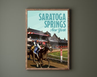 Saratoga Springs New York Vintage Style Travel Poster, Saratoga Spring Horse Racetrack Print