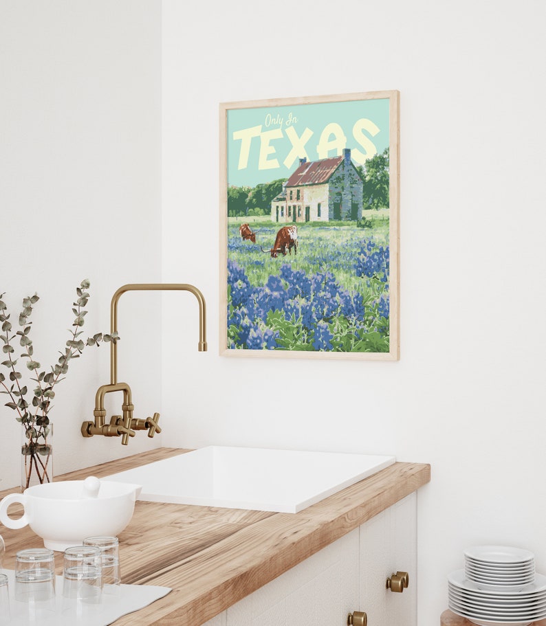 Texas Bluebonnet reseaffisch, konsttryck i vintagestil bild 3