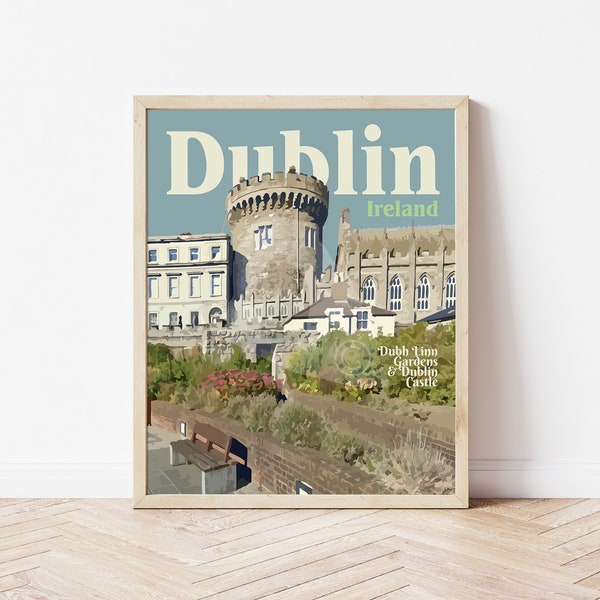 Dublin Ireland Vintage Style Travel Print, Dublin Castle Dubh Linn Gardens Ireland Print