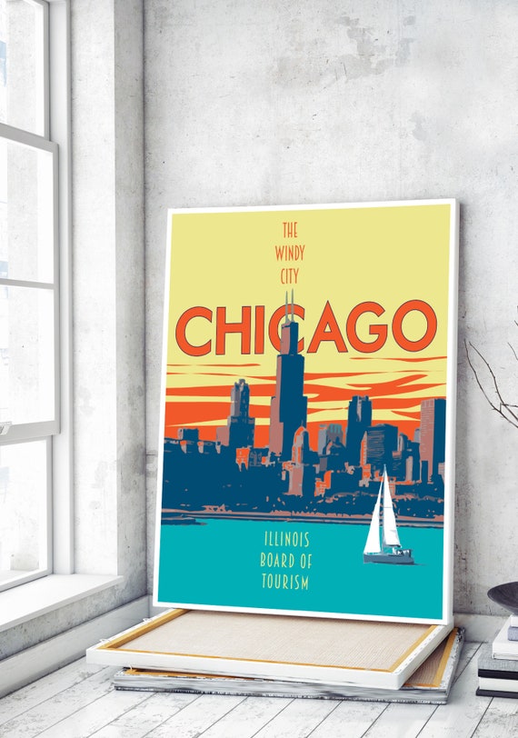 Chicago Travel Poster Vintage Chicago Travel Poster Chicago Etsy
