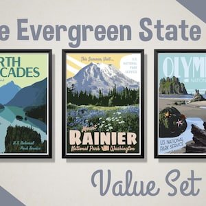 Parc national des North Cascades, parc national Mountain Rainier et parc national Olympique Ensemble d’affiches de voyage de style vintage
