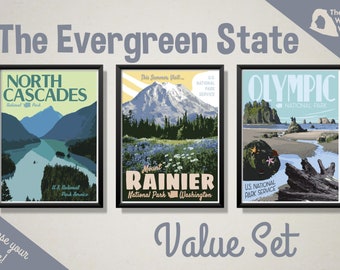 National Parks Vintage Travel Poster Set, Washington Art Prints